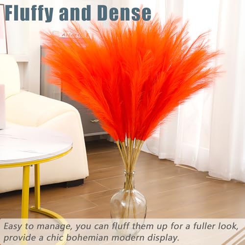 38" 10 Stems Orange Pampas Grass Decor - Tall Faux Pampas Grass for Floor Vase Fluffy Artificial Pampas Grass for Boho Home Wedding Mothers Day Decoration - color: Orange