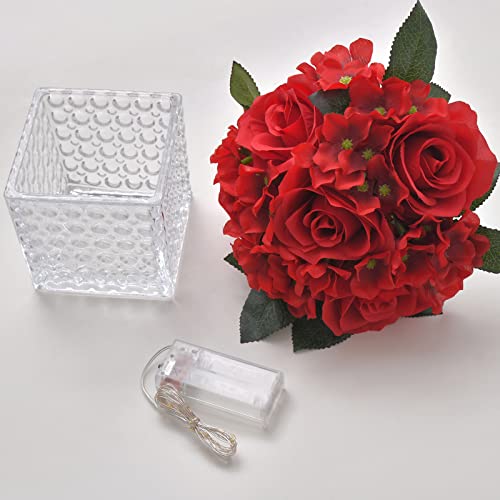 Fule Artificial Silk Rose Flower Centerpiece Arrangement in Glass Vase with LED Light for Home Wedding Decoration (Red) - color: Red