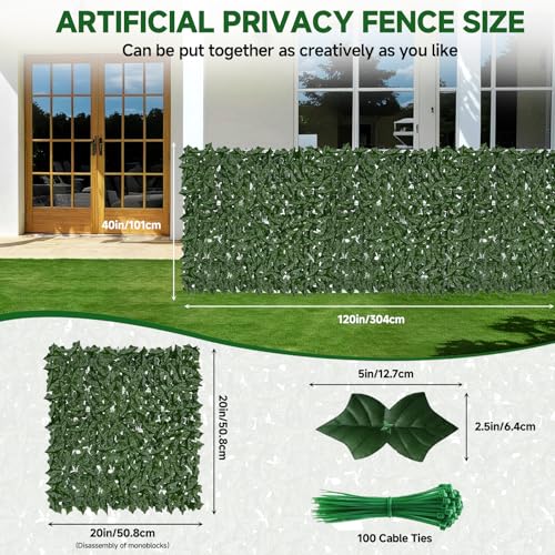 Artificial Ivy Fence Privacy Screen 120x40in UV-Anti Dense Faux Greenery Backdrop Fake Hedges Fence & Faux Ivy Vine Leaf Decoration for Patio Balcony Garden Wall Backyard Indoor Outdoor