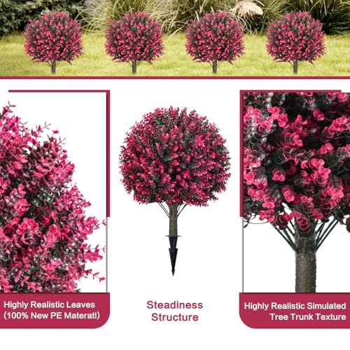 Artificial Red Eucalyptus Topiary Ball Tree, Outdoor Faux Evergreen Shrubs with Ground Spike, UV Resistant Fade Proof Fake Plants, Set of 4 for Garden Patio Yard Indoor Deco .25Inch - color: Pink-coloured
