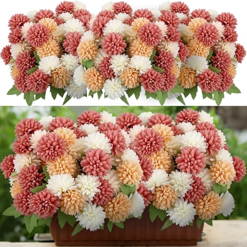 XunYee 12 Pcs Artificial Flowers for Outdoor Indoor Spring Faux Kiku Mum Fake Flowers Plants for Outside Garden Porch Window Patio Spring Chrysanthemums Bouquet for Vase Table Wedding Home Decor - color: Plain
