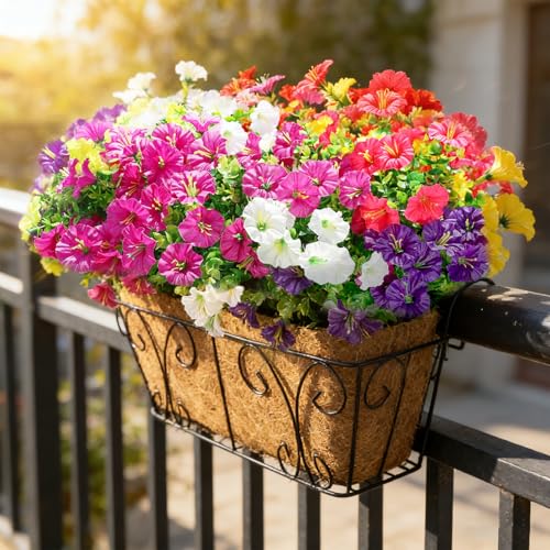 BSGlobal 12 Bundles Artificial Flowers for Outdoors Decoration, Faux Silk Morning Glory Flowers UV Resistant Fake Eucalyptus Plants for Spring Summer Garden Patio Home Decor (Mix) - color: 6 Mixed Colors