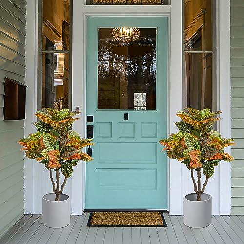 2PCS Artificial Croton Plant, Faux Fiddle Leaf fig Tree,Artificial Trees for Home Decor,Floor Plant,Front Porch Plants with Plastic Pot, Faux Ficus Lyrata Tree,35inch - size: 35inch