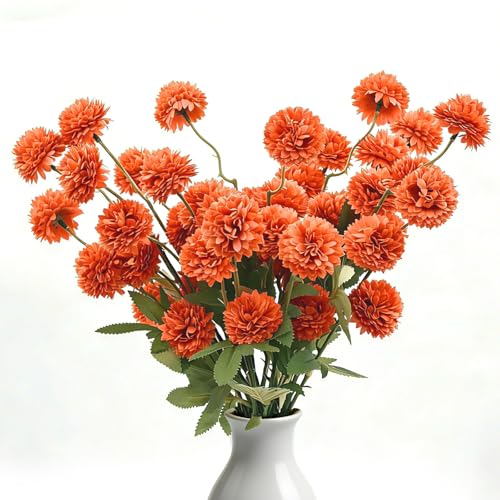 8pcs Orange Fake Flowers Silk Pompon Mum Artificial Flowers,Mini Artificial Chrysanthemums with Stems,Faux Flowers For Vase,for Wedding Centerpieces, flower arrangements, vase fillers, and home decor - color: Orange