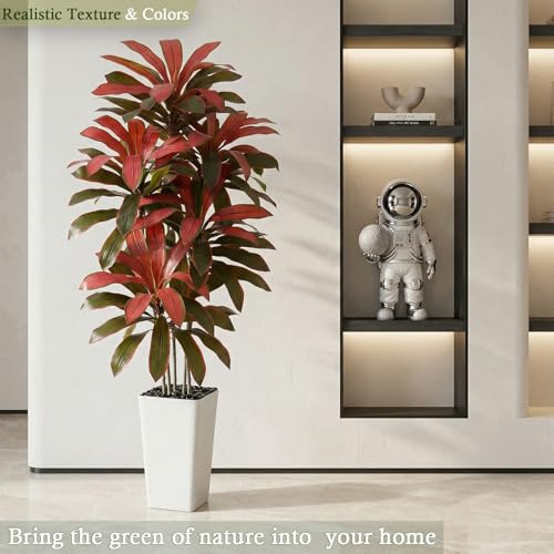 Artificial Dracaena Tree：6FT Faux Silk Tropical Yucca Floor Trees Realistic Fake Green Plant with Natural Wood Trunk & Lifelike Leaves for Home Office Decor Indoor & Outdoor (6FT,1-Pack,White) - color: Burgundy – White Pot, size: 6FT