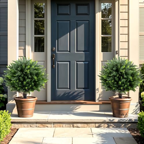 Goplus 27.5" Artificial Cypress Topiary Trees Set of 2, Faux Topiary Bushes Shrubs with Ground Spikes, Indoor Outdoor Sun-Resistant Fake Evergreen Shrub Plants for Front Porch, Patio, Home Decoration - color: Cypress