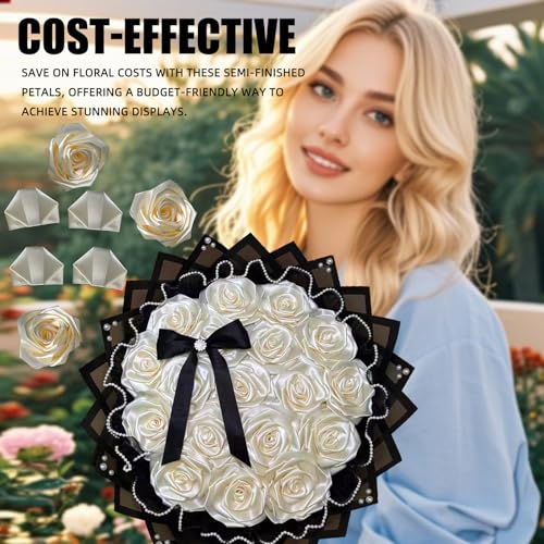 300Pcs Premade Satin Ribbon Rose Petals Half-Finished for Eternal Rose DIY Ramos Forever Flowers Bouquets Everlasting Floral,for Wedding,Anniversary,Birthday (300 Pcs Cream White) - color: 300 Pcs Cream White