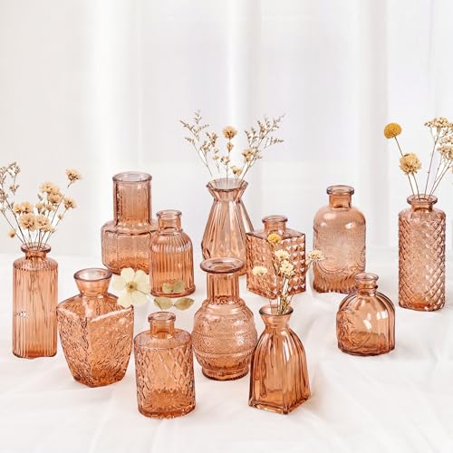 Babenest 12pcs Amber Small Bud Vase Set, Mini Gradient Glass Flower Vases in Bulk, Decorations Vintage Little Vase for Rustic Wedding Party Home Office Recepetion Centerpieces Table Decor - color: Amber, size: 12pcs