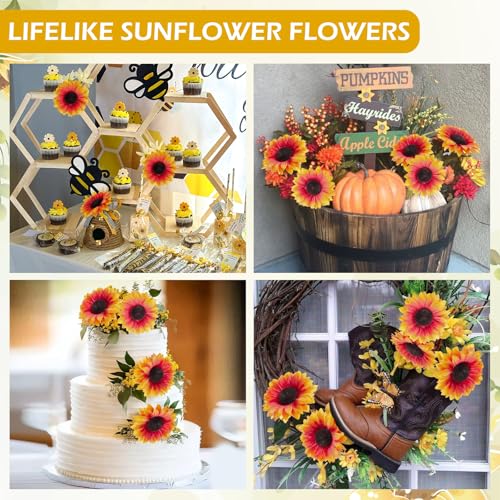 Coferset 40pcs Fake Sunflower Heads with Stems, 4" Fall Sunflower Artificial Silk Flower Heads for Party Baby Shower Wedding Making Handicrafts Home Fall Decor(Fall Orange) - color: Fall Orange-40pcs