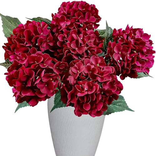 6PCS Premium Burgundy Hydrangea Artificial Flowers Bouquets, Wine Red Silk Hydrangea Flowers with Stems, Fake Hydrangeas Arrangement, Faux Hydrangea Decor for Home Wedding Party (Burgundy，Wine Red) - color: Burgundy，wine Red