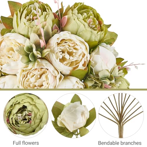 Mkono Peonies Artificial Flowers, 2 Packs 13 Stems Faux Peony Flowers Real Touch Fake Silk Bouquet for Arrangements Dining Table Centerpieces for Kitchen Bridal Wedding Party (2, New Green) - color: New Green