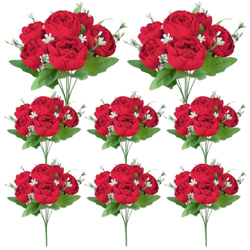 8 Pack Red Peonies Artificial Flowers, Fake Silk Hydrangea Bouquet for Bridal Wedding Home Table Decor Reusable Dining Opening Ceremony Birthday Arrangement Faux Floral - color: Red