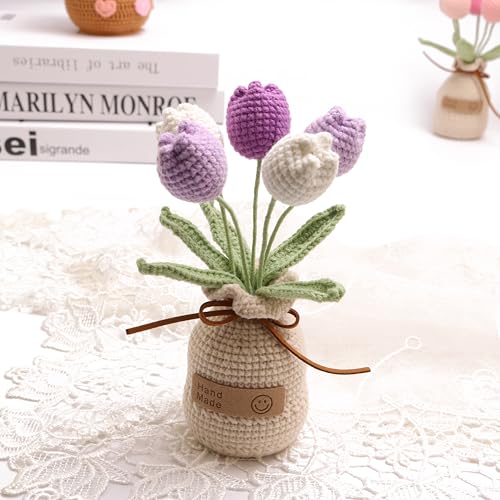 Crochet Woven Tulips with Wool,Simulation Plant Crochet Hand-Woven Flowers for Home Room Table Office Ornaments and Birthday Gifts for Family Friends Anniversary (5 Flowers-Purple) - color: Purple B, size: B