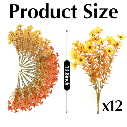 Artificial Mums for Outdoors, 12 Bundles Faux Mums for Outdoor Planters,Uv Resistant Artificial Fake Flowers Plants, Realistic Fall Decor for Porch, Patio, Yard (OrangeYellow) - color: Orangeyellow