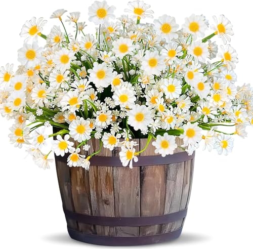 12 Bundles Artificial Daisy Flowers for Outdoors Summer Decor, UV Resistant Fake Cemetery Flowers Faux Plastic Greenery Shrub Plants for Outside Home Gardens Porch Planter Memorial Day Decor(White) - color: White, size: 12 Bundles