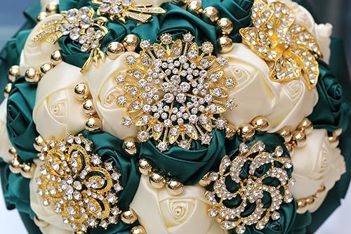 Emerald Green and Ivory Bridal Wedding Bouquet with Gold Brooch Rhinestone Pearl Satin Rose Flower Bouquet for Bride Bridesmaid Quinceanera Wedding Emerald Green and Ivory 9.5in - color: Dark Green & Ivory, size: Diameter: 9.5 inches