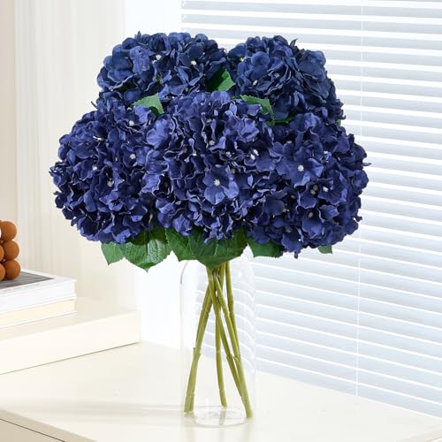 8Pcs Navy Blue Fake Flowers Silk Hydrangea Artificial Flowers Bouquets Faux Hydrangea Stems for Home Table Centerpieces Wedding Party Decoration - color: Navy Blue