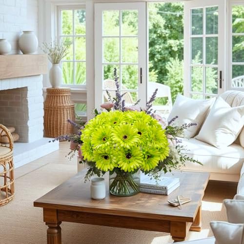 20 Pcs Fake Silk Gerbera Daisy Artificial Flowers with Stems Faux Daisies Flower Bulk for DIY Art Crafts Home Wedding Party Vase Centerpieces Tables Garland Wreath Decoration (Green) - color: Green