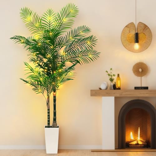 7ft Artificial Golden Cane Palm Tree with LED Fairy Lights & White Tall Planter-Lifelike Faux Tropical Palm with Realistic Trunk and Palm Leaves for Indoor Home Office Living Room Corner Decor