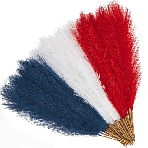 Watayo 45 Pcs Patriotic Faux Pampas Grass Decor, 17" Fluffy 4th of July Artificial Pompous Grass Vase Filler, Red White and Blue Fake Pampas Stems Branches for Independence Day Memorial Day Decoration