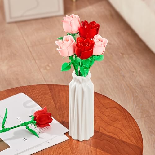 Rose Flower Bouquet Building Set: Artificial Flowers Botanical Collection Blocks Kit for Women Girls Wife Adults Home Decor Thanksgiving Christmas Mother's Day Valentine's Gifts 6-Pack - color: 3 Red & 3 Pink