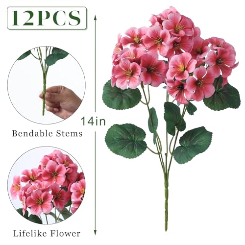 GLIDLION 12 Bundles Artificial Geranium Flowers for Spring Summer Decor, UV-Resistant Fake Plants Realistic Faux Silk Bouquets for Front Door Farmhouse Garden Porch Home Outdoor Decor (Peach Pink) - color: Peach Pink
