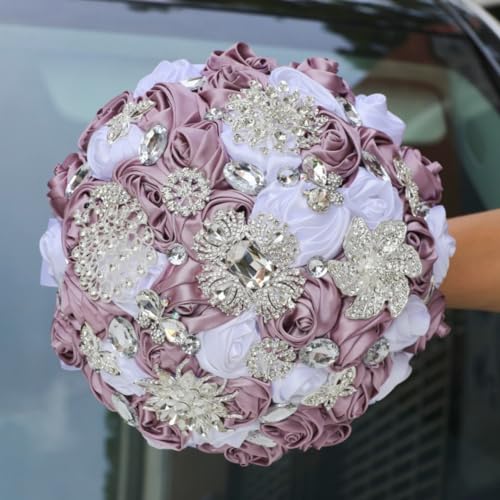 Bridal Wedding Bouquet with Bling Silver Rhinestones for Bride Bridesmaid Quinceanera Satin Rose Flower Bouquet Wedding Skin Purple and White 8.7in - color: Skin Purple & White (Standard Size: Dia.8.7")