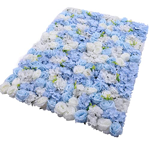 4pcs 3D Artificial Flower Wall Panels - Blue White Backdrop 24 x 16 Inch - Realistic Fake Flower Background Decor for Wedding, Birthday Party and Baby Shower - color: 4pcs, Blue + White