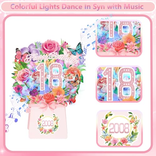 18th Birthday Cards, Light and Music 18 Years Old Happy Birthday Card, Rose Lily Orchid and Butterflies, 10 Inch Forever Flower Bouquet 3D Pop Up 2008 Birthday Gift Card for Women Wife girls Daughter Sister - size: 2008-18th
