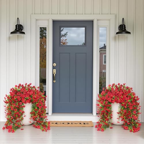 Artificial Fake Hanging Flowers Plants for Outdoor Spring Summer Decoration, 4PCS Faux UV Resistant Silk Daisy with Eucalyptus Leaves Realistic Planter for Porch Patio Home Balcony Yard Decor(Red) - color: Red
