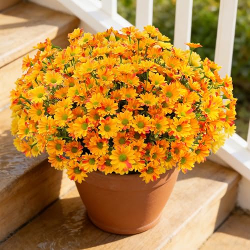 16 Bundles Silk Daisy Artificial Flowers for Outdoors UV Resistant Fake Daisies Plastic Plants Flower for Home Outside Front Door Porch Garden Patio Planters Decoration (Orange) - color: Orange