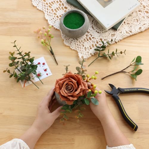 mizii DIY Small Artificial Flowers Potted Kit Fake Flower Realistic Silk Rose and Greenery with Vase for Gifts Table Centerpiece Mantle Office Desk Shelves Living Room Decorations (Orange) - color: Orange