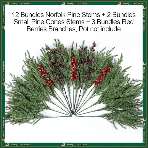 Artificial Christmas Norfolk Pine Stems Branches for Vases,17 Bundles Faux Pine Branches with Pinecones and Red Berries Branches,Fake Greenery Evergreen Real Touch for Holiday Winter Table Xmas Décor - color: Red Berries+small Pinecones