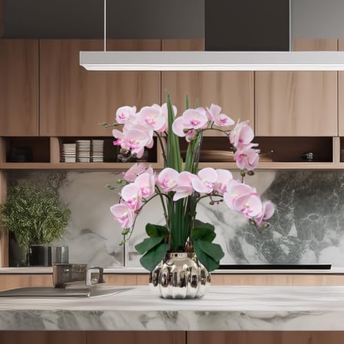 CXGS Artificial Orchid Flower Real Touch Faux Orchids in Ceramic Vase Large 22.9'' Fake Flowers Pink Phalaenopsis Floral for Home Indoor Decor - color: Pink- Silver (Large Pot)