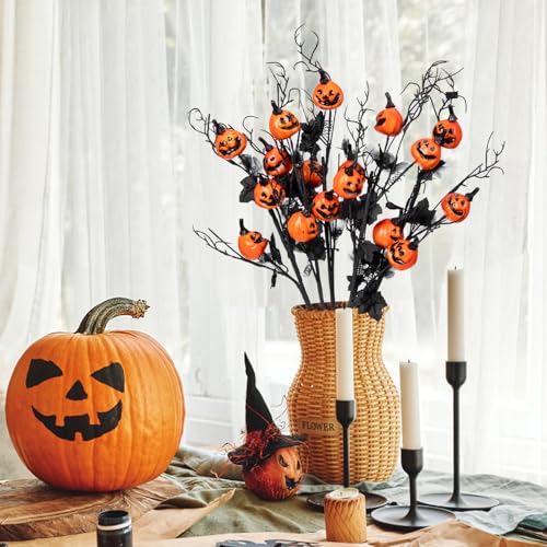 6 Pack Halloween Stems with Pumpkins & Black Maple Leaves – Faux Curly Willow Branches & Decorative Twigs for DIY Crafts, Home & Party Decoration