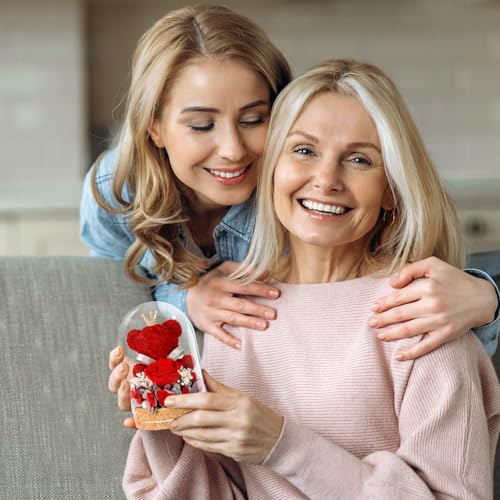 Preserved Rose Flowers Gifts for Her, Real Forever Rose in Glass Dome with Adorable Bear for Girlfriend,Mom,Wife,Grandma on Birthday Anniversary Valentine's Day (Red) - color: Red