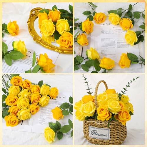36 Pcs Velvet Texture Yellow, Lemon Yellow Artificial Flowers Bridal Bouquet, Fake Rose Long Stem Realistic Flowers Bulk for Valentine's Day Wedding Bouquet Ball Arrangement Centerpiece Party - color: Yellow, Lemon Yellow