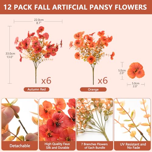 INQCMY Artificial Fall Flowers for Outdoor, 12 Bundles Faux Pansy Fake Mums Flowers Plants Outdoor Fall Decor, UV Resistant No Fade Silk Flower for Porch Planter Patio Yard Garden(Orange Autumn Red) - color: Orange Autumn Red