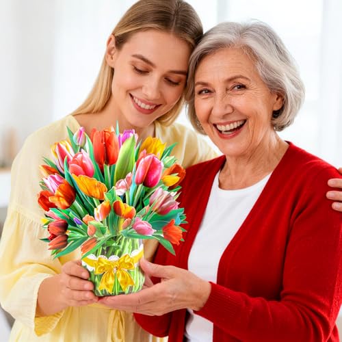 Pop Up Flower Cards 3 Pack — 3D Floral Bouquet Pop Up Cards for Mom - Mothers Day Card, Birthday Card for Women, Get Well Card with Envelope - Tulip Sunflower Violet Paper Flower Bouquets - style: Tulip Sunflower Violet