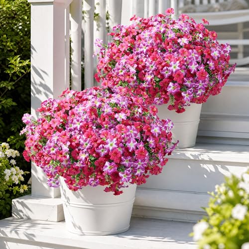 Artificial Flowers for Outdoors Decoration, 20 Bundles Faux Morning Glory with Eucalyptus Look Real UV Resistant Fake Plants Silk Flowers for Outside Yard Gardens Porch Patio Planter Home Urn, Mix - color: 2 Color(10 Fuchsia, 10 Gradient Fuchsia)