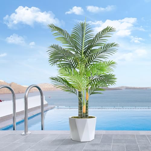 4ft Tall Triple Golden Cane Palm Artificial Tree Large Tropical Palm Tree UV Resistant Fake Plant in Pot for Indoor Outdoor Big House Living Room Outside Patio Office Home Decor 1Pack - size: 4ft