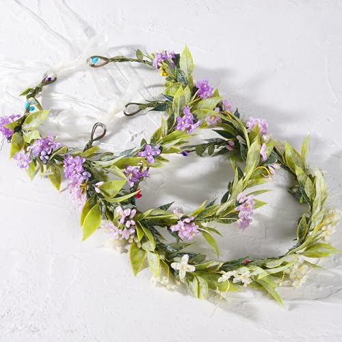 Fairy Flower Crown Headband, Artificial Purple Floral Green Leaf Headpiece, Boho Bridal Flower Headbands for Women Girls Renaissance Cosplay Wedding Birthday Party Hair Accessories - color: Bohemian Purple