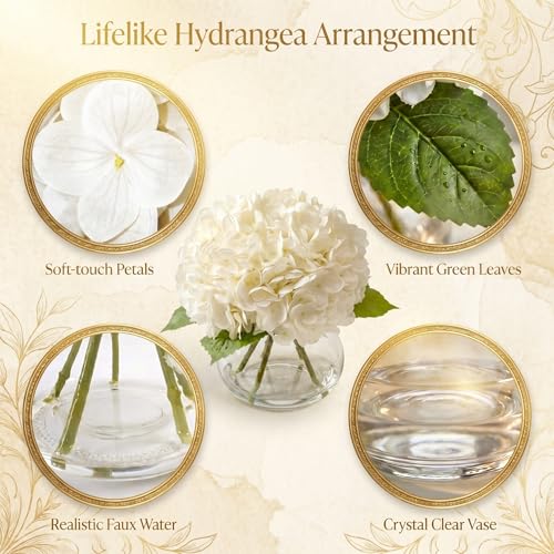 Hydrangea Artificial Flowers with Vase, Real Touch Latex Fake Hydrangeas Spring Stem Leaves Bouquet with Faux Water, Realistic Faux Flower for Home Office Bedroom Table Centerpiece Decor White - color: White