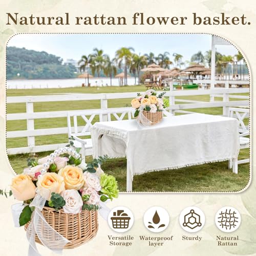 Flower Girl Basket, Wicker Rattan Wedding Flower Basket with Pearl Handle, Lace Bows and Lining, Handwoven Rustic Elegant Small Basket for Wedding Party Home Garden Decoration Outdoor Picnic