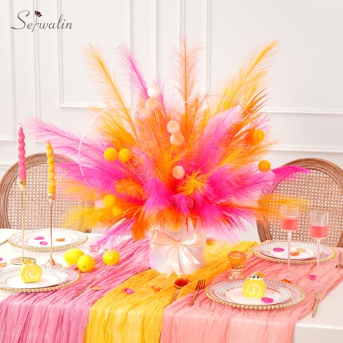 Serwalin 60PCS Pampas Grass Home Decor, 17.7Inch Hot Pink＆Orange＆Yellow Faux Pampas Grass Bulk Vase Filler Flower Arrangement for Home Wedding Decor - color: K Hot Pink＆orange＆yellow
