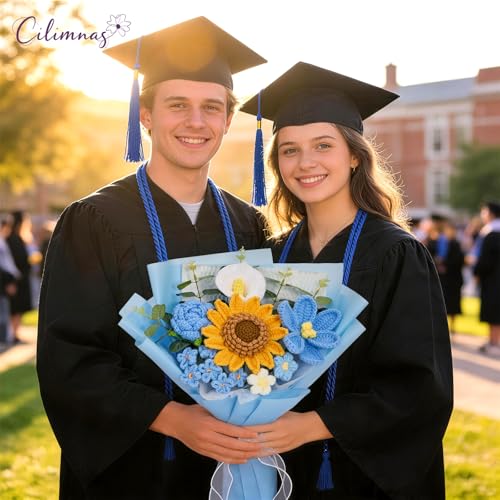 Crochet Flower Bouquet,Blue Knitted Flowers, Handmade Sunflowers Tulips Roses Bouquet for Valentine Day Birthday Anniversary Party Mother's Day Graduation Gifts(with Card) - color: Blue