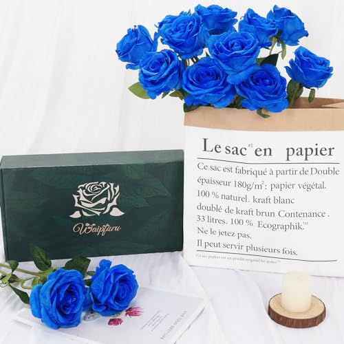 Waipfaru 16 Pcs Blue Roses Artificial Flowers, Fake Silk Roses with Long Stems, Faux Flowers for Independence Day Wedding Bouquet Centerpiece 4th of July Patriotic Decor (Royal Blue) - color: Royal Blue, size: 16 Pcs