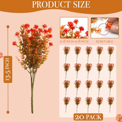 20 Bundles Artificial Fall Flowers for Outdoors Fall Thanksgiving Decorations-UV Resistant Fake Mums Faux Plant Plastic Flowers Gardens Porch Fireplace Home Autumn Decor(Brown Eucalyptus Flower) - color: Brown Eucalyptus Flower, size: 20 Bundles