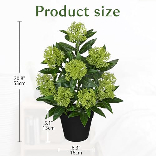 Briful Artificial Skimmia Japonica Plant in Pot, 20.8" Tall Faux Green Berry Flowers with Black Pot, Realistic Potted Floral Arrangement for Home Office Table Shelf Decor - color: Green Black
