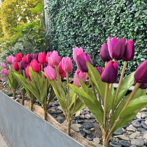 Artificial Fake Flowers for Spring Summer Outdoor Decoration,6 Bundles Realistic UV Resistant Silk Fabric Colorful Tulip Faux Plants for Outside Planter Home Porch Patio Decor(Pink Purple) - color: Pink Purple Dark Purple